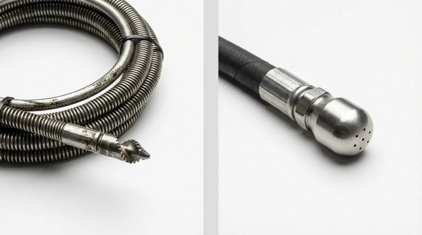 Drain snake cable and hydro jetting nozzle used for drain cleaning in Olney, MD