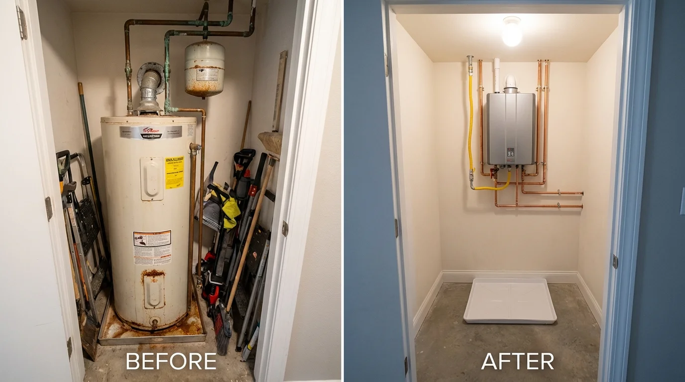 Tank water heater versus wall-mounted tankless unit comparison for Olney, MD homeowners