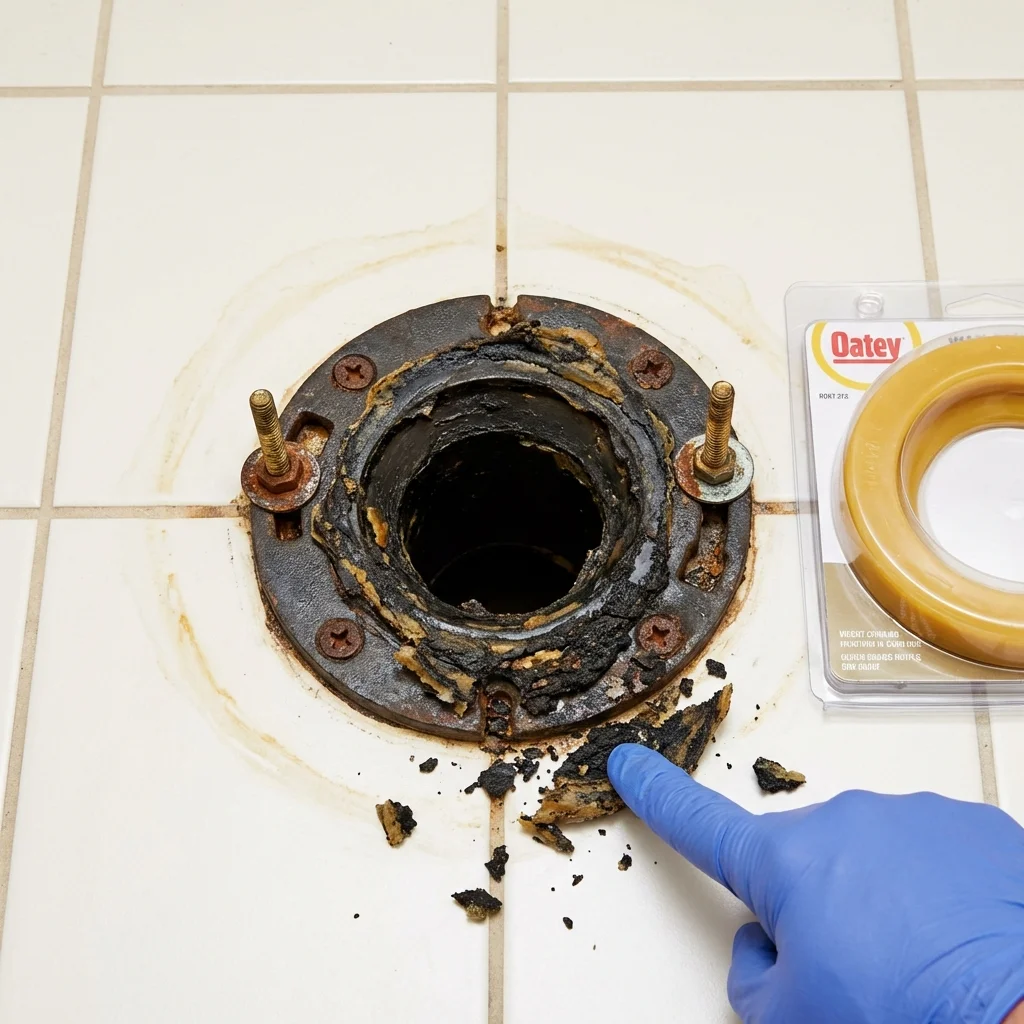 Failed wax ring showing water seepage at the base of a toilet in a Olney, MD home