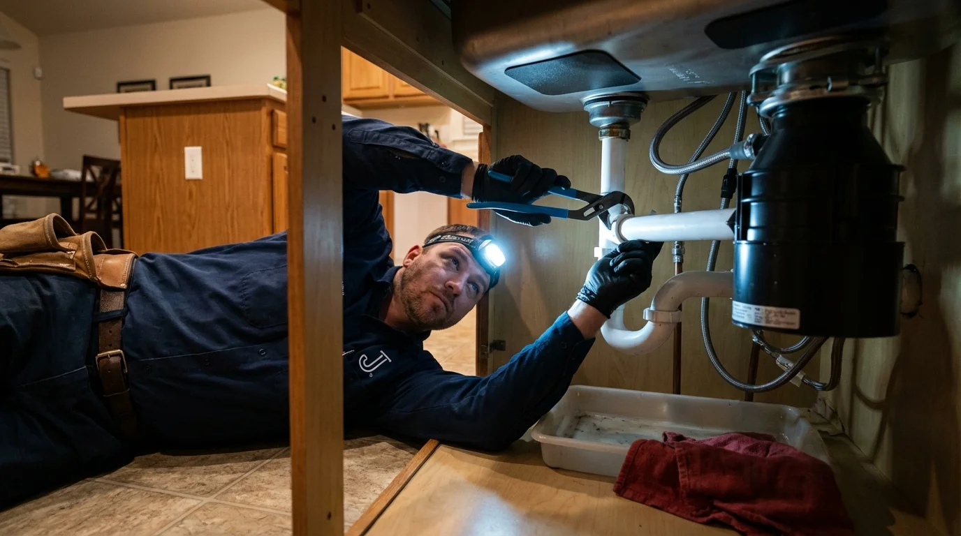 P-trap and supply line connections under a kitchen sink showing a common leak point in Olney, MD